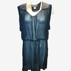 Sachin + Babi for Ankasa Women's Size 10 Silk Top Navy Sheer Sequin Shoulder